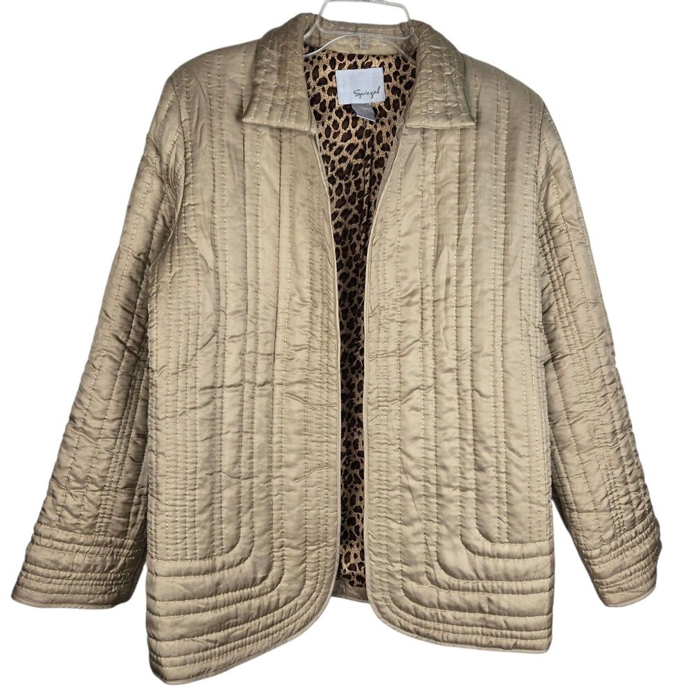 Spiegel Quilted Jacket 100% Silk 12 Gold Animal Print Lining Open Front Holiday